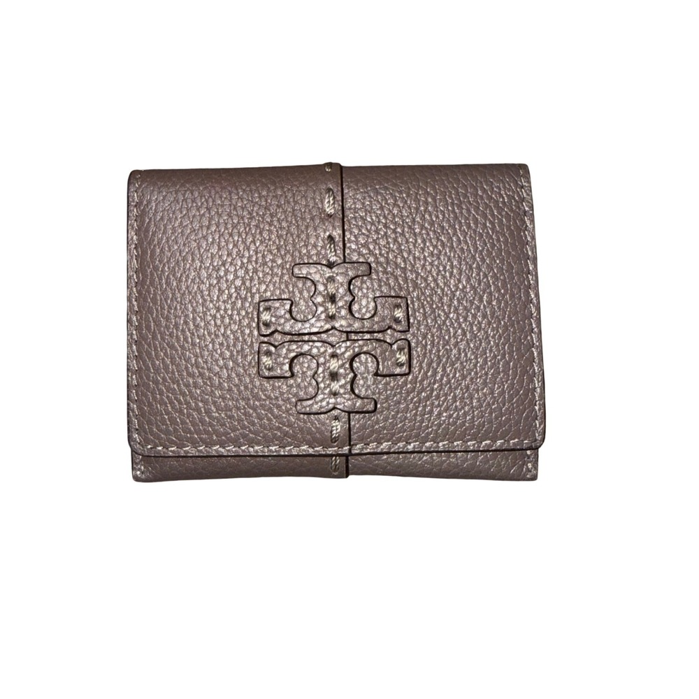 Tory Burch McGraw Bi-Fold Wallet Womens Taupe Excellent Leather Logo Pickstitch